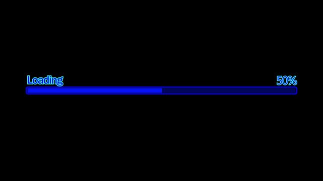 Glitch loading bar. Animation of cyberpunk style loading bar with glitch effect. Futuristic uploading progress bar with distortion effect isolated on black background. Loading screen  style 4K video.