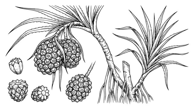 Detailed botanical pandanus tree hand drawn sketch collection featuring hala screw pine fruits tropical leaves and exotic nature line art vectors