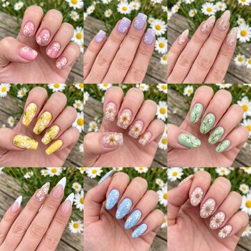 Collage of nine colorful nail designs with floral patterns on hands  
