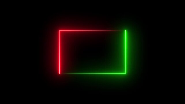 Neon line double Glowing red and green color frame background animation .Rectangle and black background. 4k video.