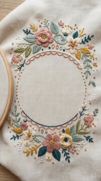Floral embroidery hoop wreath design on linen fabric