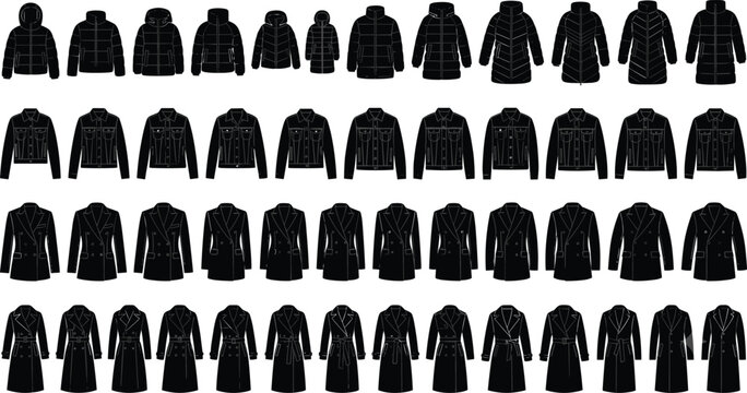 Winter Coats and Outerwear Silhouette Vector Icons Collection for Fashion Design Technical Drawings