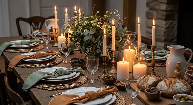 Rustic autumn dinner table setting with candles and floral centerpiece