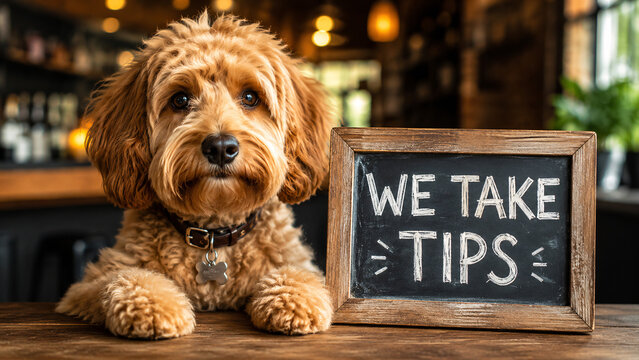 Cute fluffy brown dog sitting next to a wooden blackboard sign text we take tips on a bar table inside a cozy cafe, restaurant service, pet friendly establishment and hospitality concept.