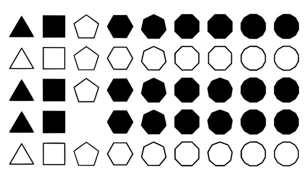 Geometric Shape Polygon Icon Set featuring Solid and Outline Variations of Triangles, Squares, Pentagons, Hexagons, Heptagons, Octagons, Nonagons, and Circles for Education