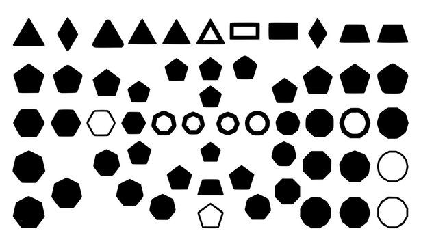 Geometric Shape Polygon Icon Set featuring Solid and Outline Variations of Triangles, Pentagons, Hexagons, and Octagons Organized in a Circular Abstract Diagram Grid Pattern