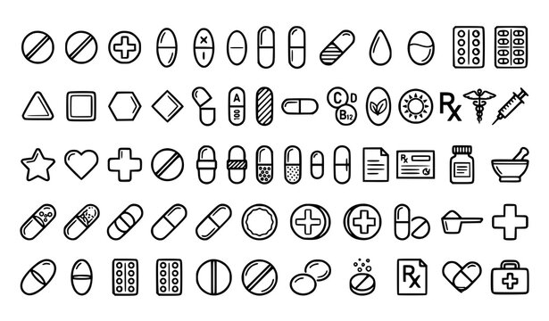 Medical Pill and Capsule Icon Set with Healthcare Line Art Symbols for Pharmacy, Medicine Prescription, Vitamin Supplements, and Hospital Web Designs
