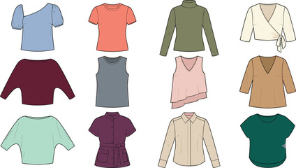 Naklejka premium Womens Tops Blouses and Shirts Vector Collection for Fashion Technical Flat Sketches and Apparel Design