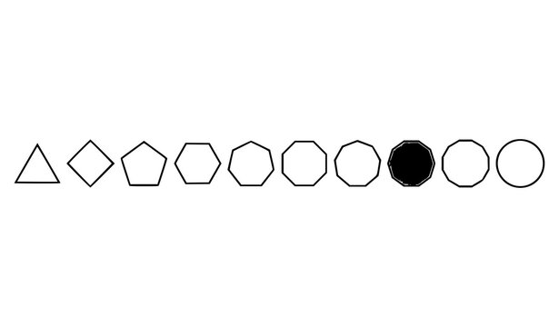 Geometric Polygon Shape Icon Set Showing Progression from Triangle to Circle for Geometry Education Mathematics Infographics and Abstract Minimalist Design Projects