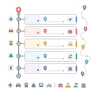 Travel itinerary roadmap timeline infographic template with transport and destination icons, flat vector illustration