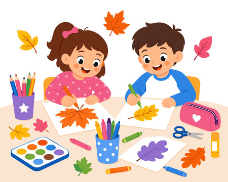 Two children paint autumn leaves with joy. Colorful pencils, crayons, and scissors sit nearby. Leaf shapes lie scattered across the table. Their smiles show happy engagement