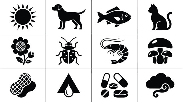 Common allergens and environmental triggers icon set featuring peanut seafood pet dander medication insect sting pollen sun and dust glyph vector