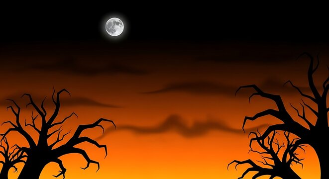 Spooky halloween night scene with silhouetted trees and full moon