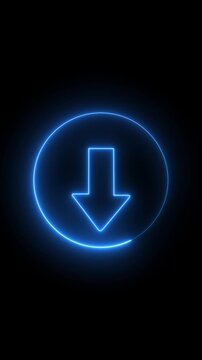 Animated arrow pointing down on black background.Abstract glowing down arrow icon animation