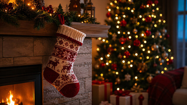 Cozy Christmas living room interior with a traditional red stocking hanging on a stone fireplace mantle, glowing decorated tree with bokeh lights, warm holiday atmosphere and gift boxes.