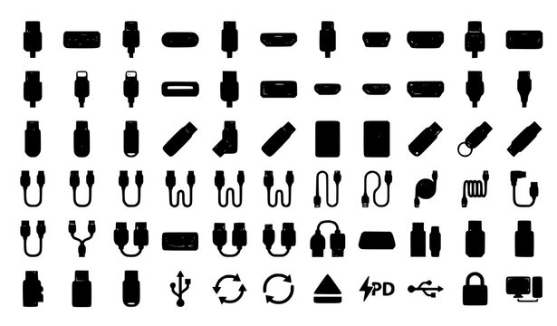 USB Cable and Connector Glyph Icon Set Featuring Type C, Micro USB, HDMI Ports, Flash Drives, Charger Adapters, and Electronic Hardware Interface Symbols