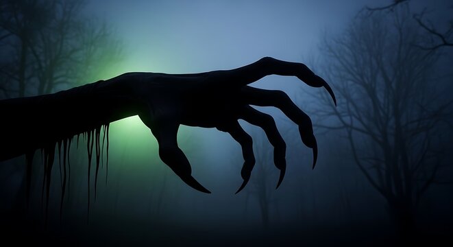 Eerie silhouette of a monster hand emerging from the mist