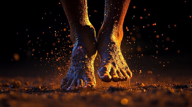 Close-up of mud-covered feet, mid-air, kicking up particles, lit with warm glow