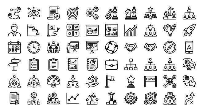 Comprehensive business strategy and corporate planning outline icon set featuring teamwork financial management chess tactical goals and startup growth symbols