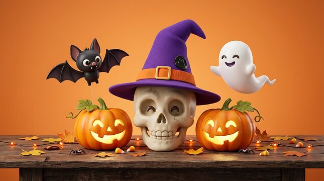 Festive halloween decorations skull ghost bat and jack o' lanterns