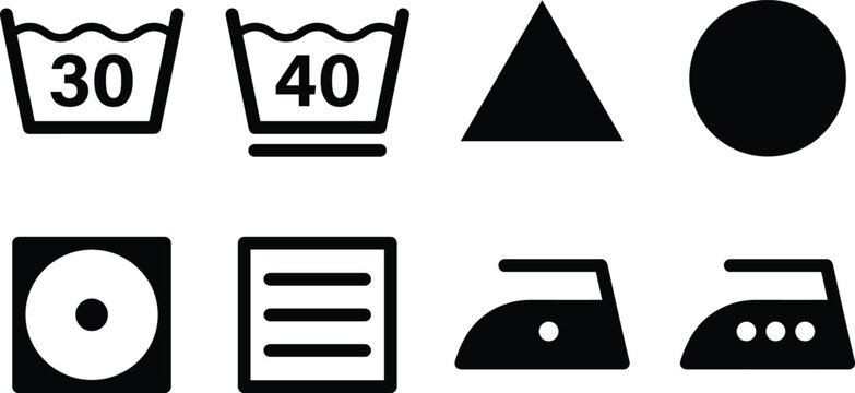 Laundry care instructions vector black silhouette icon set with textile washing bleaching drying and ironing symbols