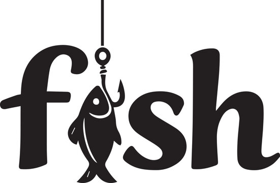 Fish word typography design with a fishing hook icon Vector, illustration
