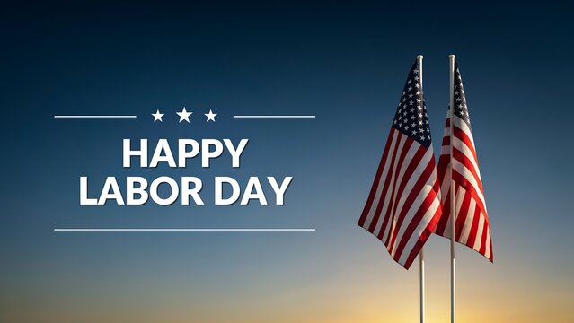 Happy labor day greeting with american flags and blue sky