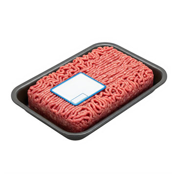 Fresh ground beef in a black plastic tray with label isolated on transparent background, illustration