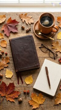 Bible with notebook, coffee, and autumn leaves on wooden table