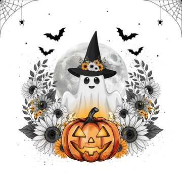 Spooky halloween ghost and pumpkin with floral wreath design