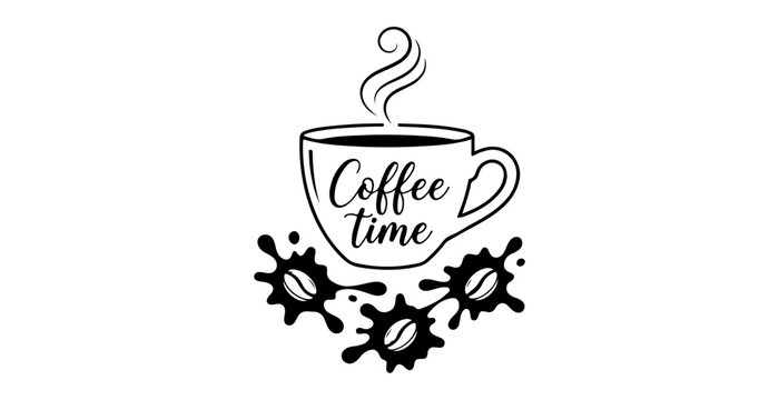 Black coffee cup with coffee time text and leaves