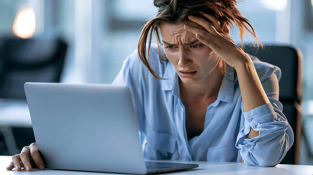 Woman sitting at desk looking stressed while using laptop computer in office setting with blurred background