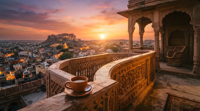 Morning coffee on a terrace overlooking a historic indian fort at sunrise with landscape historic heritage sunlight architecture cityscape vacation destination