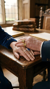 Close-up of an elderly couple holding hands over an old wooden desk with vintage books relationship devotion commitment togetherness generations connection