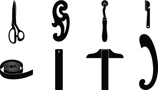 Tailoring and dressmaking tools vector black silhouette icon set with vertical orientation featuring scissors rulers and tape measure