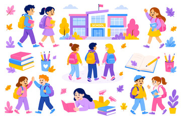 Fototapeta premium Bright cartoon kids explore school, full of joy and curiosity. Children wear colorful outfits, carrying backpacks and books. Some walk toward the school, others read or chat happily