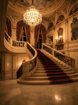 Grand staircase inside a historic palace with chandelier and ornate decorations staircase chandelier architecture interior historic stairway classical building