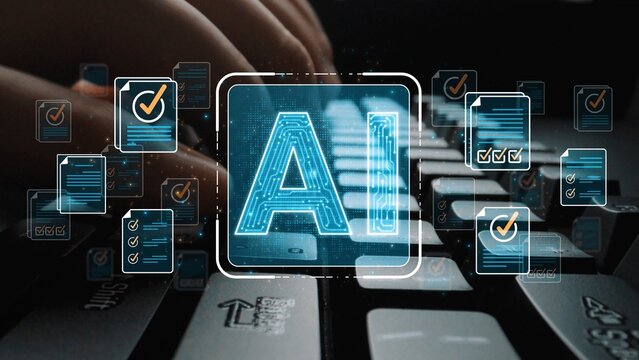 Innovative Technology Concept Representing Artificial Intelligence Interaction with Computer Keyboard and Digital Interface Elements Sigmoid