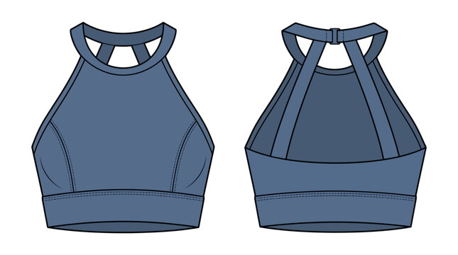Blue sports bra technical drawing front and back views