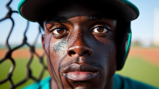 Close-up portrait of a young baseball player.  Focused on his serious expression and sweat-stained face