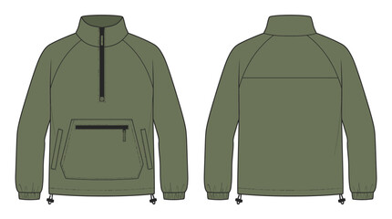 Olive green Anorak Jacket Flat Technical Illustration With Front And Back Views © Design Bari