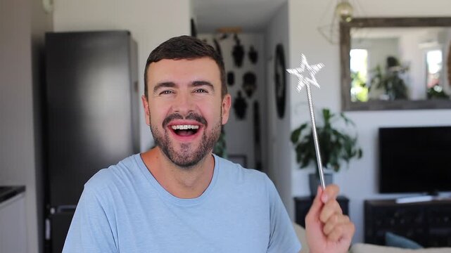 Wizard casting spell using silver magic wand