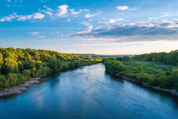 Fototapeta premium Beautiful aerial view of a calm river flowing through lush green forest beneath a blue sky with scattered clouds, showcasing a peaceful natural landscape.