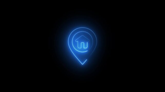 Glowing neon house location pin icon on a black background animation.