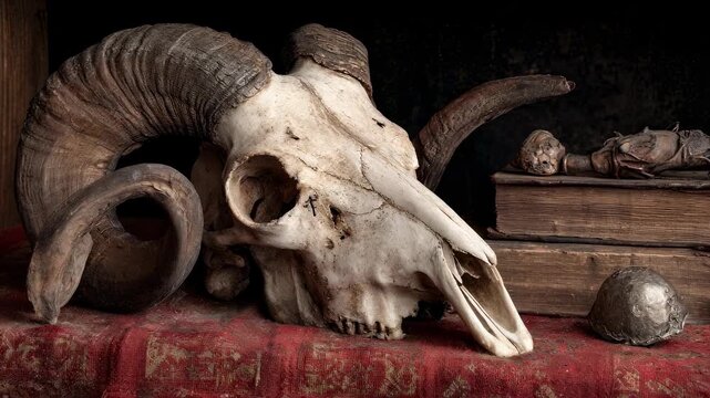 Close-up of a ram skull with large horns on red cloth. Still life with antique books and memento mori elements. Ancient tradition and mortality concept