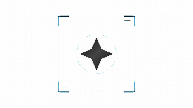 Futuristic digital interface element with central black four-pointed star and blue glow on white grid background featuring technical corner brackets and thin circular UI lines.