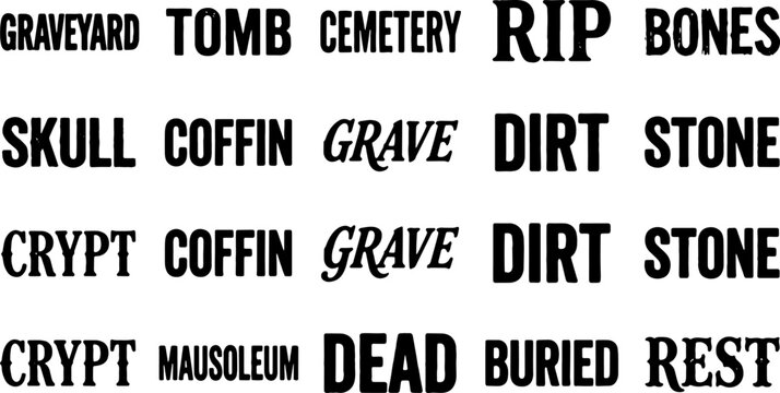 Graveyard and cemetery words collection, hand-drawn typography and lettering for design