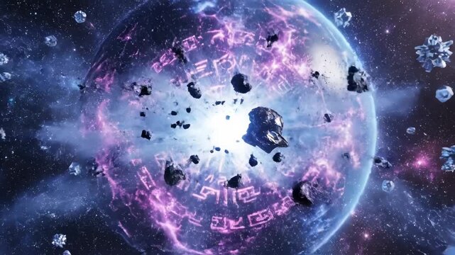 A mystical glowing planet in deep space surrounded by floating crystalline asteroids and electric energy discharges
