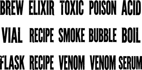 Fototapeta premium Alchemy brew and poison elixir words collection for witch laboratory decoration