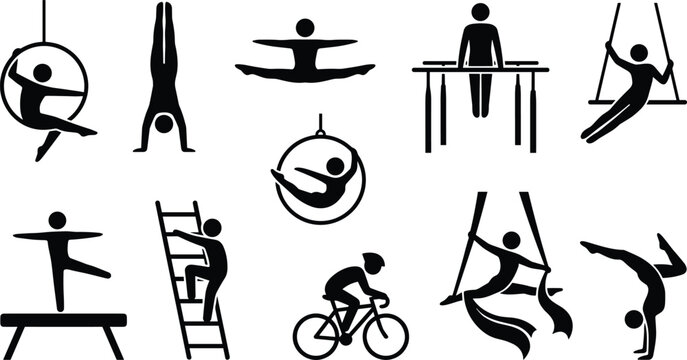 Gymnastics and circus acrobatics pictogram icon set featuring aerial silk trapeze ring hoop balancing climbing and cycling vector illustration.